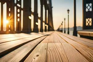 a wooden bridge with the sun setting behind it. AI-Generated photo