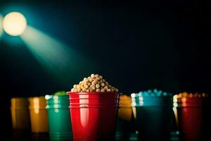 a row of colorful cups with popcorn on a table. AI-Generated photo