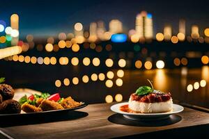 a table with food and drinks on it in front of a cityscape. AI-Generated photo
