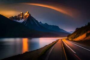 un la carretera líder a un montaña rango con un arco iris terminado él. generado por ai foto