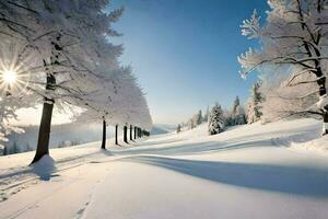 a snowy road with trees and snow. AI-Generated photo