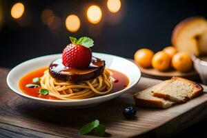 spaghetti with tomato sauce and bread on a wooden table. AI-Generated photo