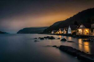 a long exposure photograph of houses on the shore of a lake. AI-Generated photo