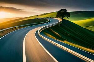 un largo devanado la carretera en el campo. generado por ai foto