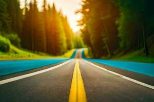 un la carretera en el bosque con un amarillo línea. generado por ai foto