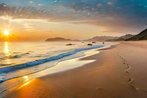 el Dom sube terminado el Oceano y el playa. generado por ai foto