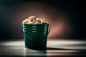 a bucket filled with nuts on a table. AI-Generated photo