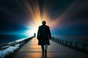 a man in a coat and hat walks along a pier at night. AI-Generated photo