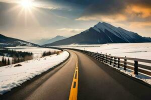 a road in the mountains with snow and sun. AI-Generated photo