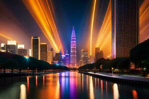 a city skyline lit up at night with light trails. AI-Generated photo