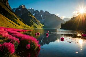 the sun shines over a lake and pink flowers. AI-Generated photo