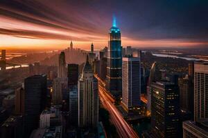 el ciudad horizonte a puesta de sol en nuevo york generado por ai foto