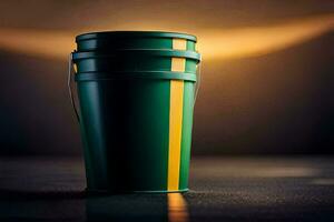 a green bucket with yellow stripes on it. AI-Generated photo