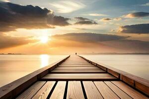 a wooden pier stretches out into the ocean at sunset. AI-Generated photo