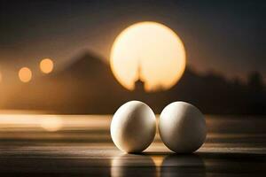 two eggs sit on a table in front of a sunset. AI-Generated photo