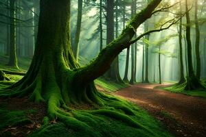 un camino mediante un verde bosque con arboles generado por ai foto