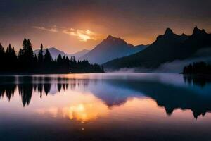 the sun rises over a mountain lake in the morning. AI-Generated photo