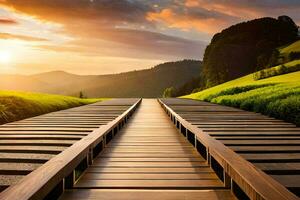 a wooden walkway leads to a mountain at sunset. AI-Generated photo