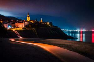 un ciudad a noche con un playa y un río. generado por ai foto