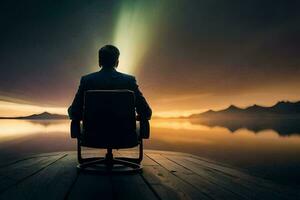 un hombre sentado en un silla con vista a un lago a puesta de sol. generado por ai foto
