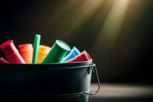 a bucket filled with colored markers on a dark background. AI-Generated photo