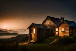 un pequeño cabina se sienta en parte superior de un colina a puesta de sol. generado por ai foto