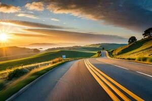 a road with the sun setting over the hills. AI-Generated photo