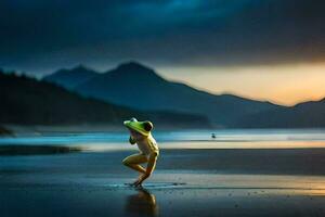 un persona es en pie en el playa con un sombrero en. generado por ai foto