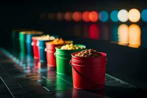 a row of colorful buckets with different types of nuts. AI-Generated photo