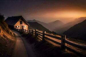 the house is on the side of the road and the sun is setting over the mountains. AI-Generated photo