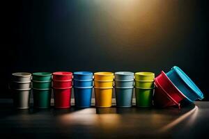 a row of colorful cups on a dark surface. AI-Generated photo