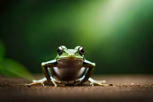 a frog sitting on the ground with a green background. AI-Generated photo