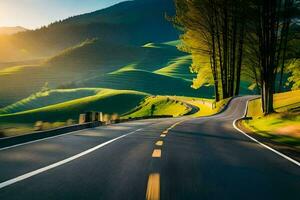a road in the mountains with trees and grass. AI-Generated photo