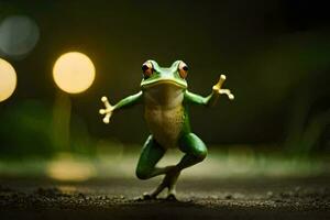 a frog is dancing on the ground. AI-Generated photo