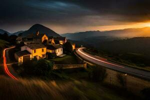 a long exposure photograph of a village and road at sunset. AI-Generated photo