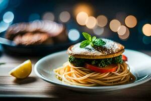 a plate with spaghetti and meat on it. AI-Generated photo