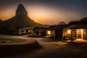 a village at sunset with a mountain in the background. AI-Generated photo