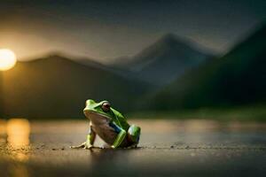 a frog sitting on the ground in front of a mountain. AI-Generated photo