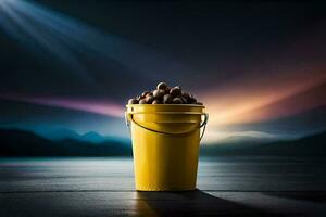 a bucket full of nuts on a table. AI-Generated photo