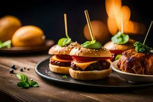 three mini burgers on a plate with toothpicks. AI-Generated photo