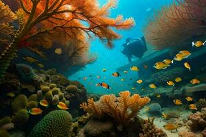 escafandra autónoma buceo en el Oceano con coral arrecifes y pez. generado por ai foto