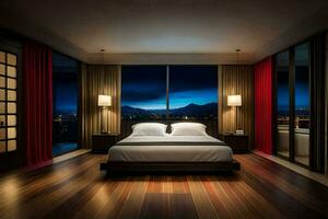 a bedroom with a view of the city at night. AI-Generated photo