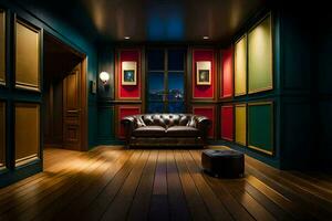 un habitación con un cuero sofá y vistoso paredes generado por ai foto