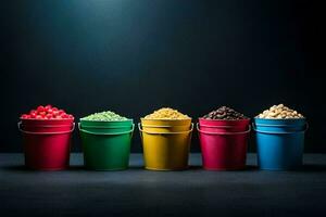 five buckets of different colored popcorn on a dark background. AI-Generated photo