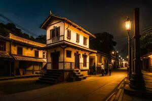 a small building in the middle of a street at night. AI-Generated photo