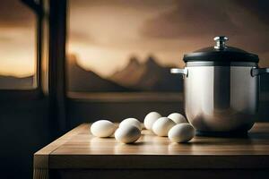 a large pot and eggs on a table. AI-Generated photo