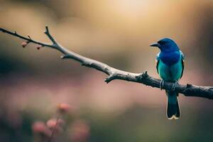 un azul pájaro se sienta en un rama en frente de un rosado antecedentes. generado por ai foto