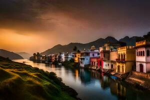 colorful houses line the banks of a river at sunset. AI-Generated photo