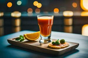 a glass of juice and a slice of bread on a wooden tray. AI-Generated photo