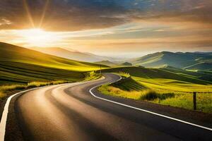 the sun shines over a winding road in the mountains. AI-Generated photo